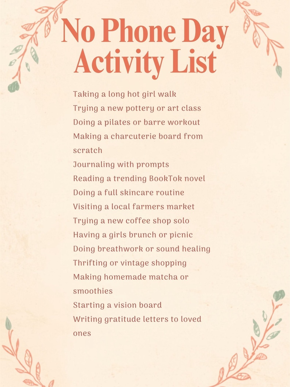 No Phone Day Activity List Print - Digital